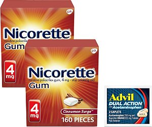 Chiclete de Nicotina Nicorette 4 mg para Parar de Fumar - Ajuda com Sabor de Canela, 2 Pacotes, 160 Unidades, Além de Comprimidos Revestidos de Ação Dupla Advil com Acetaminof
