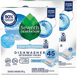Tabletes de detergente para lava-louças da Seventh Generation para louças brilhantes, sem fragrância, 45 unidades, pacote de 2 (embalagem pode variar)