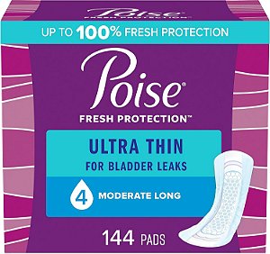 Protetores Ultrafinos para Incontinência Poise e Protetores para Incontinência Pós-Parto, Absorção Moderada de 4 Gotas, Comprimento Longo, 144 Unidades (3 Pacotes com 48), Embalagem Pode