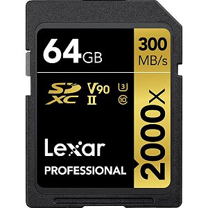 Memória SD SDXC Lexar Professional 2000X Série Gold 300-260 MB/s C10 U3 V90 64 GB (LSD2000064G-BNNNU)