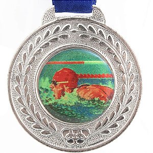 Medalha Resinada Redonda Natação 42mm Prateada (Contém 02 unids.)