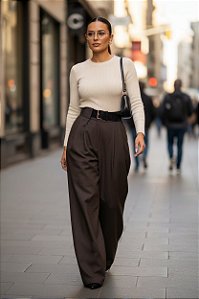 CALÇA C/CINTO MARROM ACINZENTADO P CÓD.346