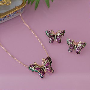 Conjunto borboleta cravejado com zircônias coloridas 