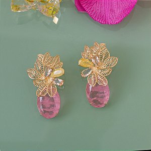 Brinco floral com cristal quartzo rosa 