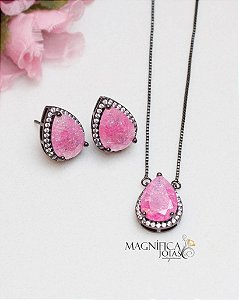 Conjunto colar e brinco pedra fusion rosa