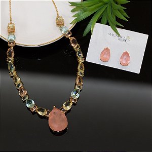 Conjunto de Gota com Pedra Fusion Pink - LeVida Acessórios e Semijóias