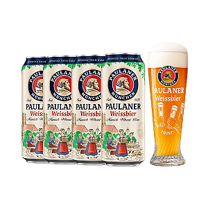 Kit 4 Cervejas Alemã Paulaner Weissbier Lata 500ml + Copo Prost