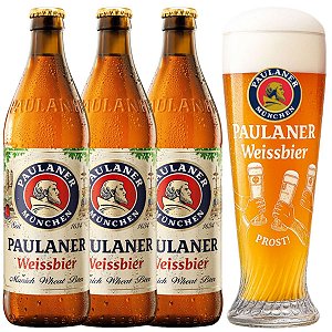 Kit 3 Cervejas Paulaner Weissbier Garrafa 500ml + Copo Prost