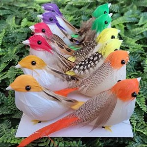 12 Mini Passarinhos10,5 cm Artificiais Coloridos Decoração Jardim, Vasos, Planta