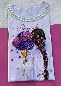 T-Shirts - Luxe White - Abençoada - Com Pedrarias + Aplicações