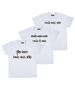 Kit Irmãos 03 Camisetas Brancas Infantis Irmão Mais Velho, Do Meio & Mais Novo Funny T-Shirts