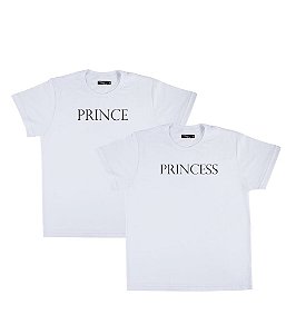 Kit Irmãos 02 Camisetas Brancas Infantis Prince and Princess Funny T-Shirts
