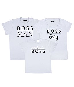 Kit Família 03 Camisetas Brancas Boss Man Boss Lady e Mini Boss Funny T-Shirts