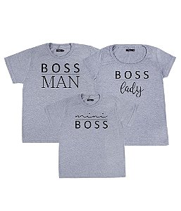 Kit Família 03 Camisetas Cinzas Boss Man Boss Lady e Mini Boss Funny T-Shirts