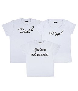 Kit Família 03 Camisetas Brancas Mãe de 2 Pai de 2 e Irmã mais velha Funny T-Shirts