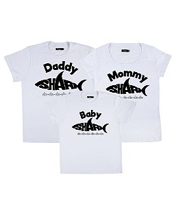 Kit Família 03 Camisetas Brancas Daddy Shark Mommy Shark e Baby Shark Funny T-Shirts
