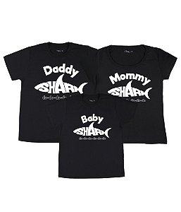 Kit Família 03 Camisetas Pretas Daddy Shark Mommy Shark e Baby Shark Funny T-Shirts