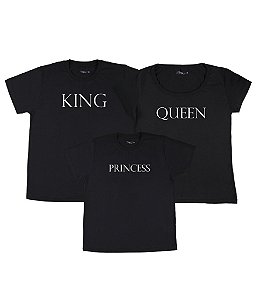 Kit Família 03 Camisetas Pretas King Queen e Princess Funny T-Shirts