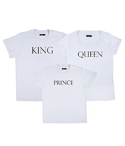 Kit Família 03 Camisetas Brancas King Queen e Prince Funny T-Shirts