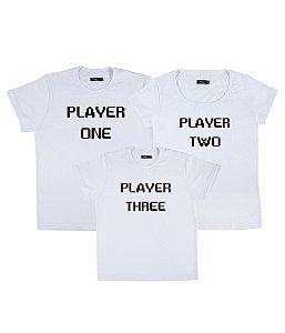 Kit Família 03 Camisetas Brancas Player One Player Two Player Three Funny T-Shirts