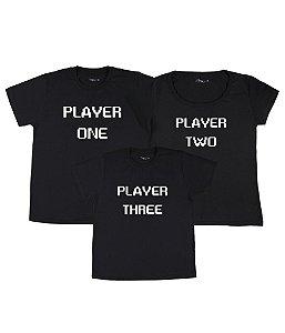 Kit Família 03 Camisetas Pretas Player One Player Two Player Three Funny T-Shirts