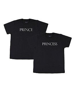 Kit Irmãos 02 Camisetas Pretas Infantis Prince and Princess Funny T-Shirts