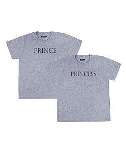 Kit Irmãos 02 Camisetas Cinzas Infantis Prince and Princess Funny T-Shirts