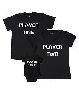 Kit Família 02 Camisetas Pretas e 01 Body Preto Player One, Two e Three Funny T-Shirts