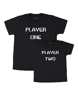 Kit Pai/Mãe e Filho 02 Camisetas Pretas Player One and Two Funny T-Shirts
