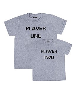 Kit Pai/Mãe e Filho 02 Camisetas Cinzas Player One and Two Funny T-Shirts