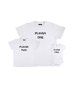Kit Pai e Filhos 02 Camisetas e 01 Body Player One Two e Three Funny T-Shirts