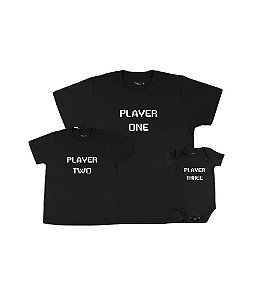 Kit Pai e Filhos 02 Camisetas e 01 Body Player One Two e Three Funny T-Shirts