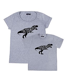 Kit 2 Camisetas Cinzas Mãe & Filho (a) Mamasaurus e Minisaurus Funny T-Shirts