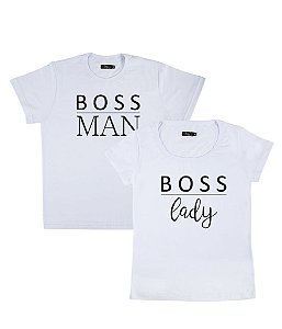 Kit Casal 02 Camisetas Brancas Boss Man & Boss Lady Funny T-Shirts
