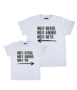 Kit 2 Camisetas Brancas Avô & Neto Meu Herói Funny T-Shirts