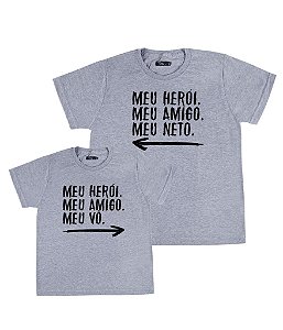 Kit 2 Camisetas Cinzas Avô & Neto Meu Herói Funny T-Shirts