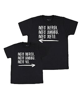 Kit 2 Camisetas Pretas Avô & Neto Meu Herói Funny T-Shirts
