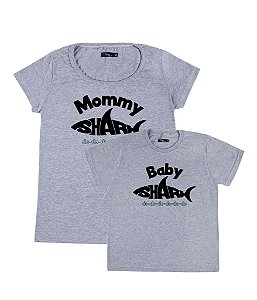 Kit 2 Camisetas Cinzas Mãe & Filho (a) Baby e Mommy Shark Funny T-Shirts