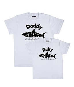 Kit 2 Camisetas Brancas Pai & Filho (a) Baby e Daddy Shark Funny T-Shirts