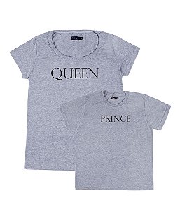 Kit 2 Camisetas Cinzas Mãe e Filho Queen e Prince Funny T-Shirts