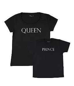 Kit 2 Camisetas Pretas Mãe e Filho Queen e Prince Funny T-Shirts