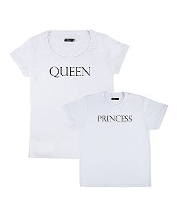 Kit 2 Camisetas Brancas Mãe e Filha Queen e Princess Funny T-Shirts