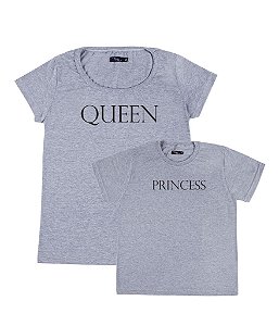 Kit 2 Camisetas Cinzas Mãe e Filha Queen e Princess Funny T-Shirts