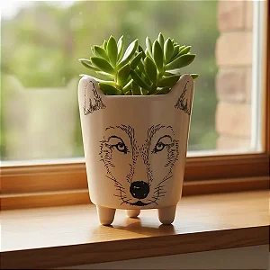 Cachepô de Cerâmica com Pintura de Lobo