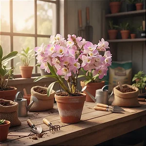 Orquídea Dendrobium Nobile Rosa com Miolo Branco no Toco