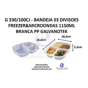 G 330/100CJ - BANDEJA 03 DIVISOES FREEZER&MICROONDAS 1150ML BRANCA PP GALVANOTEK