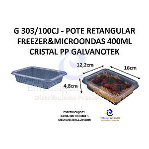 G 303/100CJ - POTE RETANGULAR FREEZER&MICROONDAS 400ML CRISTAL PP GALVANOTEK