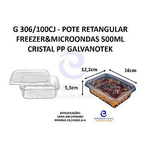 G 306/100CJ - POTE RETANGULAR FREEZER&MICROONDAS 500ML CRISTAL PP GALVANOTEK