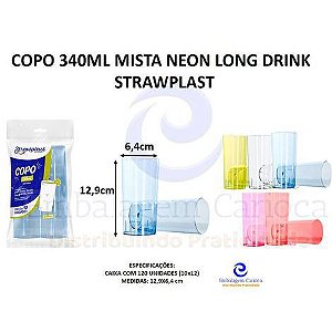 COPO 340ML MISTA NEON LONG DRINK 12X10 STRAWPLAST