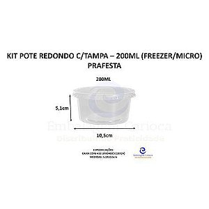 KIT POTE REDONDO  200ML C/TAMPA - 18 X 24 PRAFESTA (FREEZER/MICRO)
